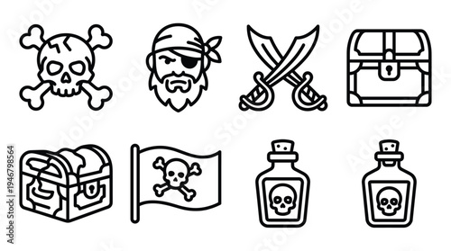 Collection of pirate theme linear symbols. Features Jolly Roger, captain, sabers, treasure chest, and poison bottle icons. Ideal for UI, web graphics, and adventure concepts.