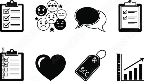 Black and White Vector Icon Set of Business Graphics Including Clipboard Checklists, Emojis, Speech Bubbles, Heart, Price Tag, and Growth Graph
