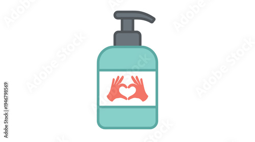 Dispenser bottle icon for hand sanitizer or soap. The label shows hands making a heart shape, symbolizing hygiene, care, health, protection, and love. Vector illustration.