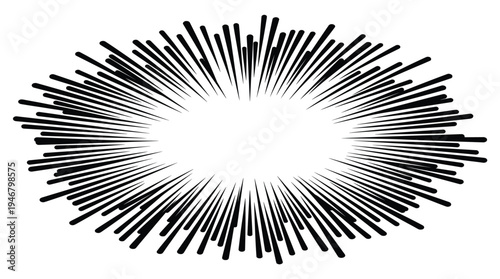 A dynamic black and white sunburst effect. This abstract radial lines graphic is perfect for comic books, manga, action scenes, and creating a sense of speed or explosion.