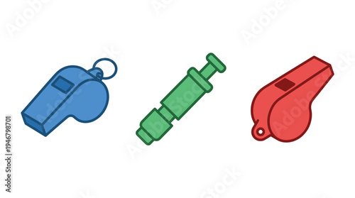 Set of colorful whistle icons for sports, coaching, or safety. A vector illustration collection featuring blue, red, and green referee whistles for web, app, and graphic design.