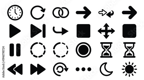 A set of universal black icons for user interface design. Minimalist vector symbols for web, mobile apps, and media players. Includes arrows, play, pause, time, and loading signs.