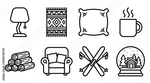 A set of cozy winter and home comfort line icons. Vector symbols for hygge lifestyle, relaxation, and vacation. Perfect for web, apps, and seasonal design projects.