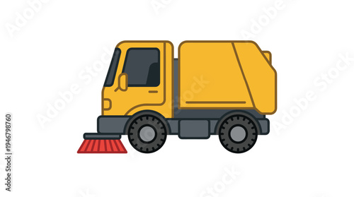 A yellow street sweeper truck illustration. This vector icon represents municipal services, sanitation, and road cleaning. Perfect for web, infographics, and design projects.