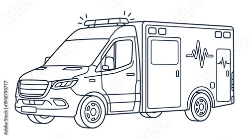 A minimalist outline of an ambulance van with a siren and heartbeat symbol. This clean vector illustration is ideal for healthcare, medical, and emergency service designs.