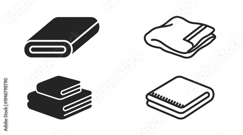 Set of folded towel and blanket icons. Black and white vector illustration for laundry, home, spa, or textile concepts. Clean and simple design for web or print.