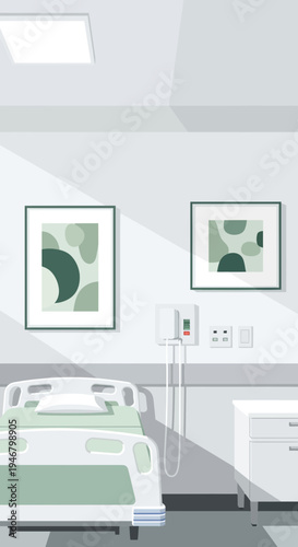 Minimalist Hospital Room Illustration Featuring Modern Medical Equipment and Artwork on Walls