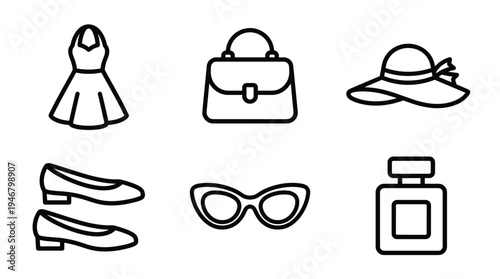 A set of six minimalist black line icons representing women's fashion and beauty accessories. Includes dress, bag, hat, shoes, sunglasses, and perfume. Vector illustration for design.