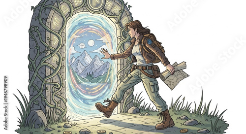 Adventurer Stepping Through a Mystical Portal to Another World.