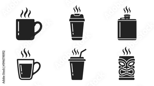 A collection of black silhouette icons representing hot drinks. Includes coffee mugs, takeaway cups, a flask, and a tiki mug. Perfect for cafe menus, apps, and web design.