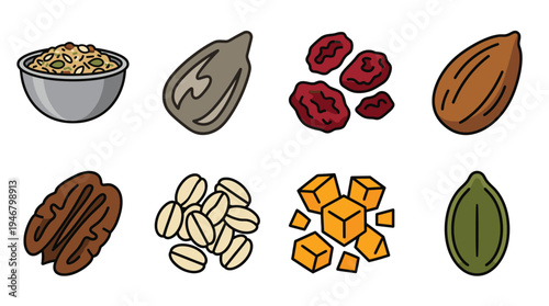 A collection of healthy food icons including nuts, seeds, oats, and dried fruit. Vector illustrations for breakfast, snacks, packaging, and healthy lifestyle designs.