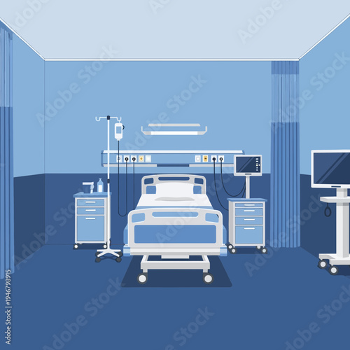 Minimalist Hospital Room Illustration: Modern Medical Environment with Equipment and Bed