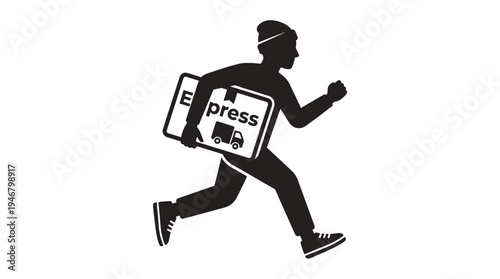 Vector icon of a running delivery man holding an express box. A symbol of fast shipping, logistics, and courier services for online shopping and business.