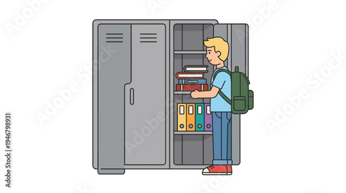 Vector illustration of a student boy with a backpack putting a stack of books into his open school locker. Concept for education, learning, and back to school.