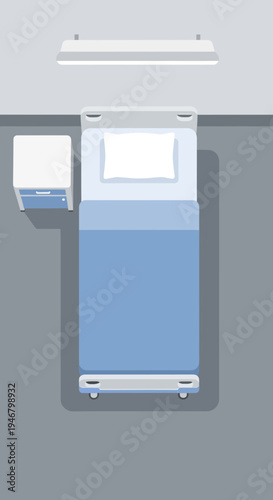 Minimalist Hospital Room Illustration: Top-Down View of Bed, Nightstand, and Overhead Lighting