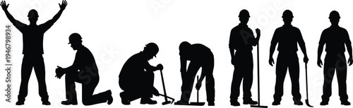 Set of construction worker silhouettes showing different poses with shovel and tools manual labor building industry workforce digging standing working positions isolated illustration collection