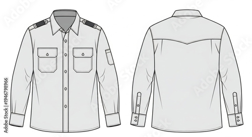 White Long-Sleeved Shirt with Pockets and Shoulder Straps.