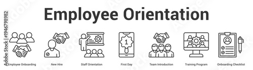 Employee Orientation web banner icon set vector illustration concept for business with icon of Employee Onboarding, New Hire, Staff Orientation, First Day, Team Introduction, Training Progr.
