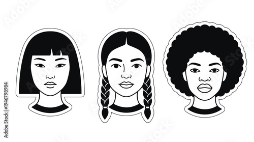 A diverse set of three female faces. Minimalist vector icons show multicultural women, representing diversity and unity. Perfect for avatars, stickers, or branding concepts.