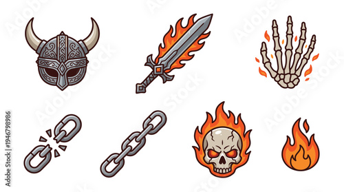 Epic fantasy icon collection for games and design. Vector set includes a flaming skull, magic sword, viking helmet, and broken chains. Perfect for stickers or RPG assets.