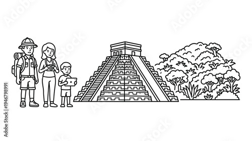 A family of tourists on vacation explores an ancient Mayan pyramid in the jungle. A minimalist line art illustration for travel, history, or educational concepts.