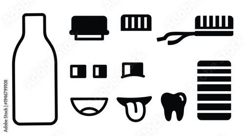 Minimalist set of black vector icons for creating funny characters. Includes eyes, mouths, tooth, toothbrush, bottle and other elements. Perfect for creative design and branding.