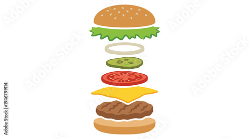 A fun vector illustration of a deconstructed cheeseburger. Floating ingredients show the recipe for a classic sandwich. Perfect for menus, food blogs, and fast food advertising.