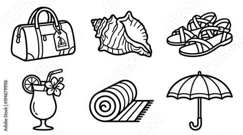 A simple line icon set of summer beach vacation essentials. Includes travel bag, shell, sandals, cocktail, towel, umbrella. Perfect for travel and holiday design. Vector.