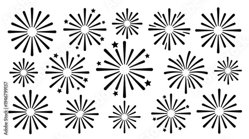 Set of black firework icons. A collection of hand-drawn firecrackers and festive starbursts. Vector illustration for celebrations, holidays, parties, and New Year's Eve designs.