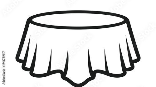 A simple black and white line icon of a round table with a draping tablecloth. A minimalist vector graphic for furniture, dining, restaurant, or event design.
