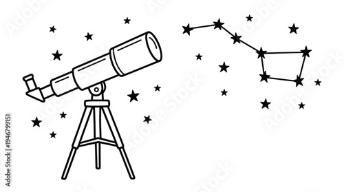 Simple doodle of a telescope observing the starry sky and Ursa Major constellation. A minimal vector for science, education, or astronomy concepts. Black and white line art.