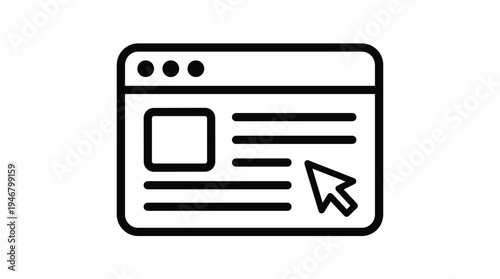 Simple black line icon of a browser window with a cursor. Symbol for website, internet, clicking, and user interface. Ideal for web design, tech, and digital marketing concepts.