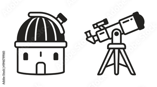 A simple black and white icon set featuring an astronomical observatory and a telescope. Minimalist vector illustration for science, space, and astronomy concepts.