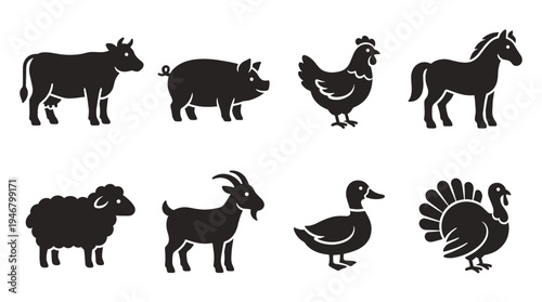 A set of black farm animal silhouettes. Includes cow, pig, chicken, horse, sheep. Simple vector icons for agriculture, food, and livestock logos or design elements.