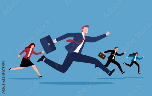 Business rivalry concept. Vector illustration in flat style of a group of diverse people in business attire running in a race with each other. Isolated on the background