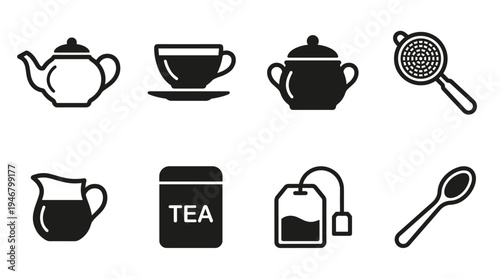 A set of simple black vector icons for tea service. Includes teapot, cup, teabag, and sugar bowl. Minimalist graphic symbols for cafe menus, websites, or food packaging.