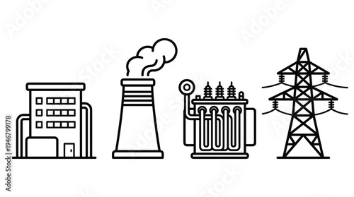 Set of industrial icons showing electricity generation and distribution. Includes power plant, chimney, transformer, and pylon. Minimalist line art for energy and tech concepts.