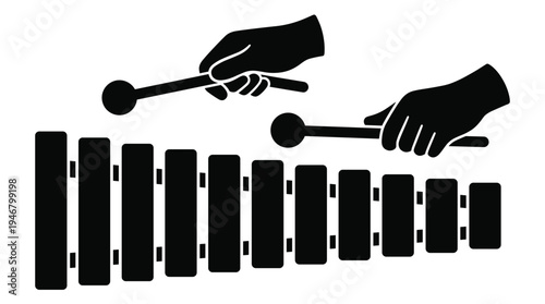 A black silhouette icon of hands playing a xylophone. This minimalist graphic represents music, rhythm, and percussion. Perfect for education, entertainment, and creative projects.