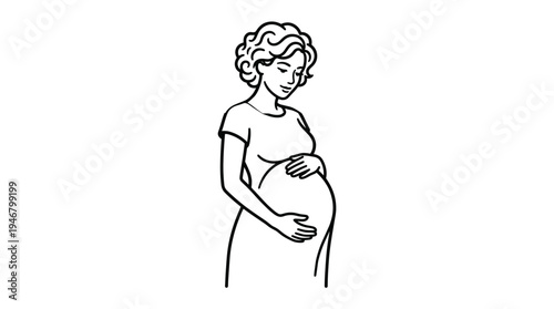 A beautiful pregnant woman lovingly holds her belly. Minimalist black line art illustration for maternity, motherhood, and family themes. Perfect for web or print.