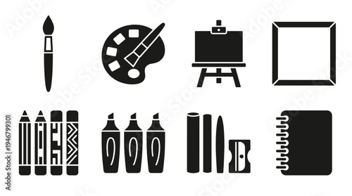A set of black vector icons representing art supplies for drawing and painting. Includes brush, palette, easel, pencils. Perfect for creative hobbies, school, or artist websites.