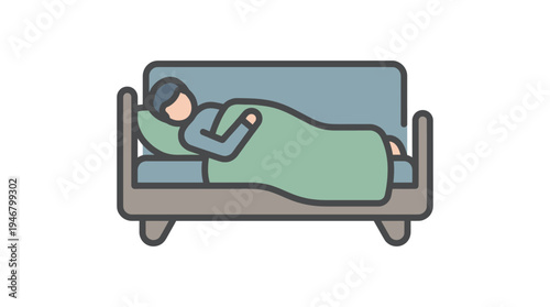 A simple line icon of a person sleeping in bed with a sleep mask. A calm and restful vector illustration for health, wellness, and relaxation concepts.