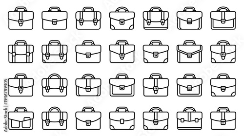 A set of various business briefcase outline icons. This simple vector collection represents work, job, and portfolio concepts for corporate design and web interfaces.