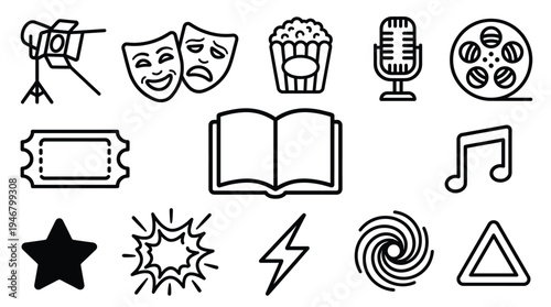 A set of simple black line icons representing entertainment, media, and arts. Minimalist symbols for cinema, music, and web design. Isolated on white.