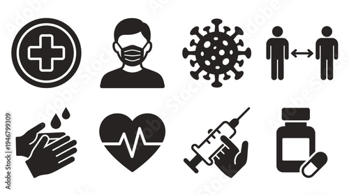 Set of black vector icons for healthcare, medicine, and virus protection. Includes mask, vaccine, social distance, and hygiene symbols for public health concepts.