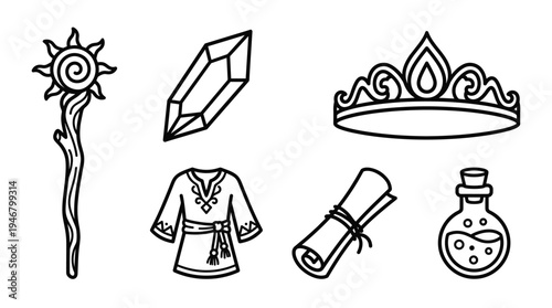 Set of fantasy icons for magic and RPG adventures. Includes staff, crystal, crown, and potion. Simple vector line art illustration isolated on white for games.