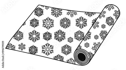 A roll of wrapping paper with a winter snowflake pattern. A minimal black and white line art illustration for Christmas, holidays, and gift wrapping concepts.