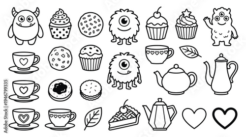 A charming set of hand-drawn doodle icons. Features cute monsters, cupcakes, tea, and sweets. Perfect for coloring books, kids' parties, and cafe designs. Vector illustration.
