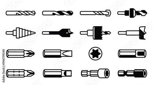 A set of various drill and screwdriver bits. Black and white vector icons for construction, workshop, repair, and DIY projects. Includes Phillips, Torx, and spade bits.