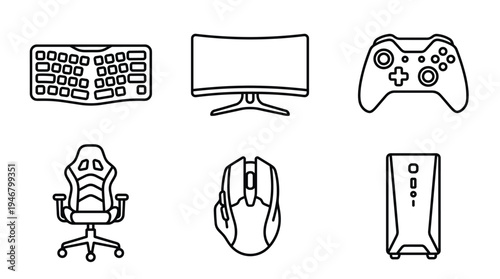 A minimalist set of gamer equipment line icons. Includes keyboard, monitor, controller, chair, mouse, and PC. Perfect vector graphics for esports, tech, or entertainment themes.