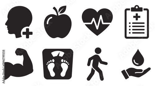A set of black vector icons representing health, fitness, and wellness. Includes symbols for diet, exercise, and medical care. Perfect for web, app, and infographics.